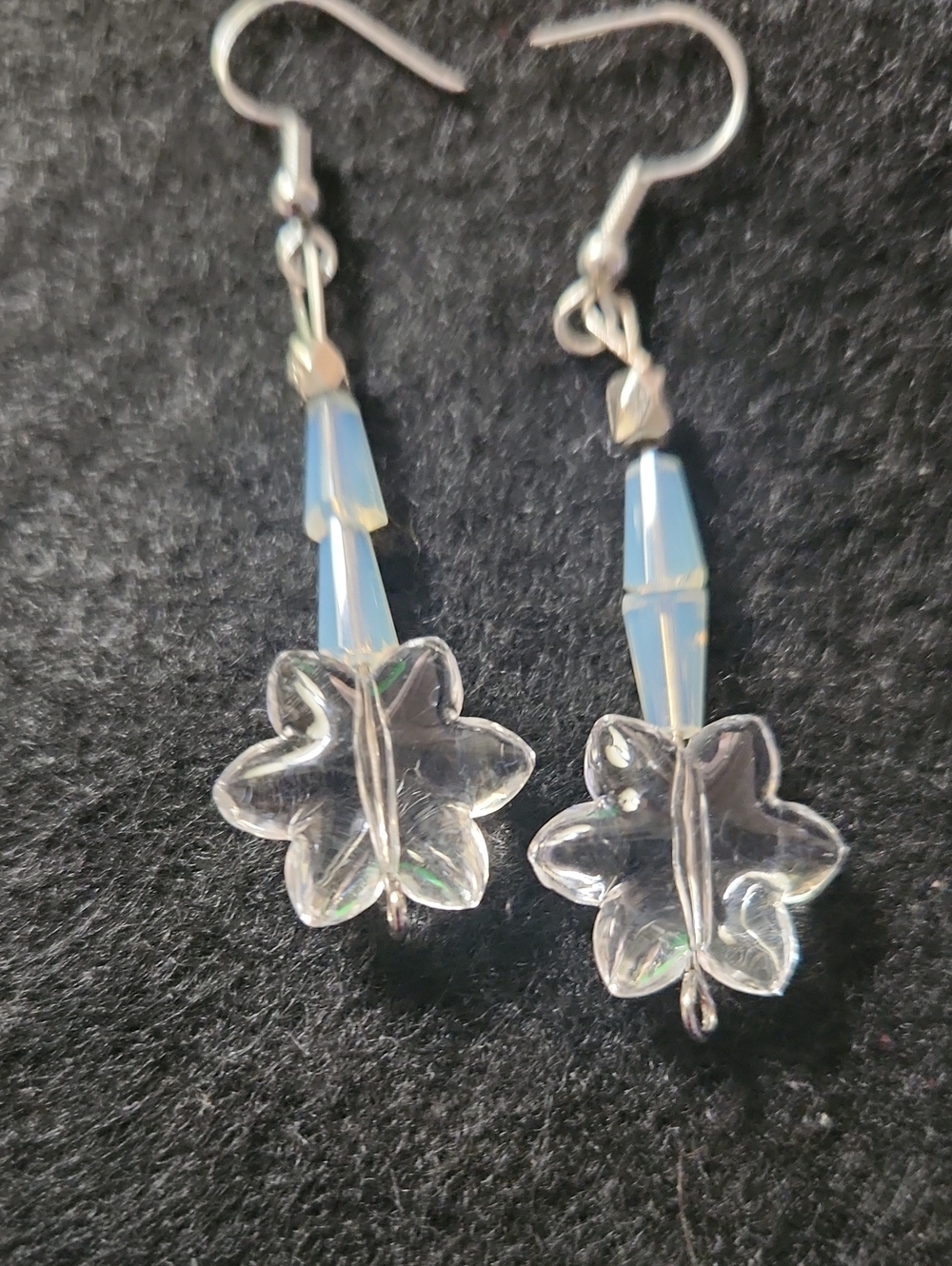 Hand Crafted Clear Flower Drop Earrings with Light Blue Beads
